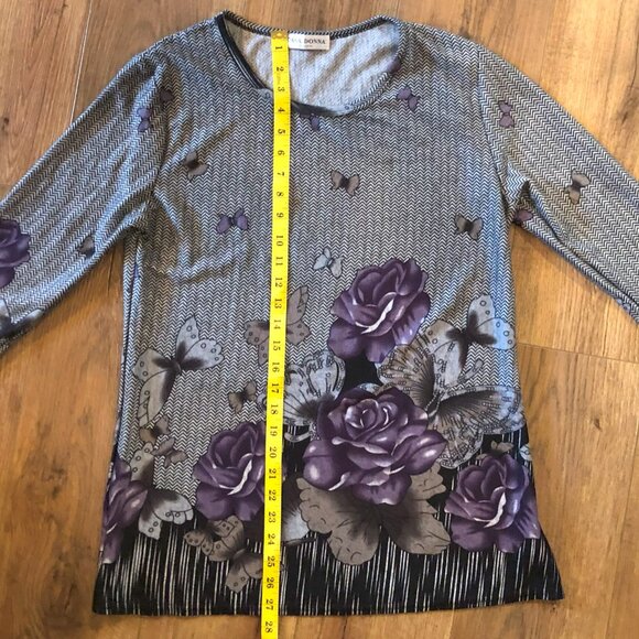 Casa Donna butterfly and roses grey silver purple long detail on sleeve top M - Picture 5 of 6